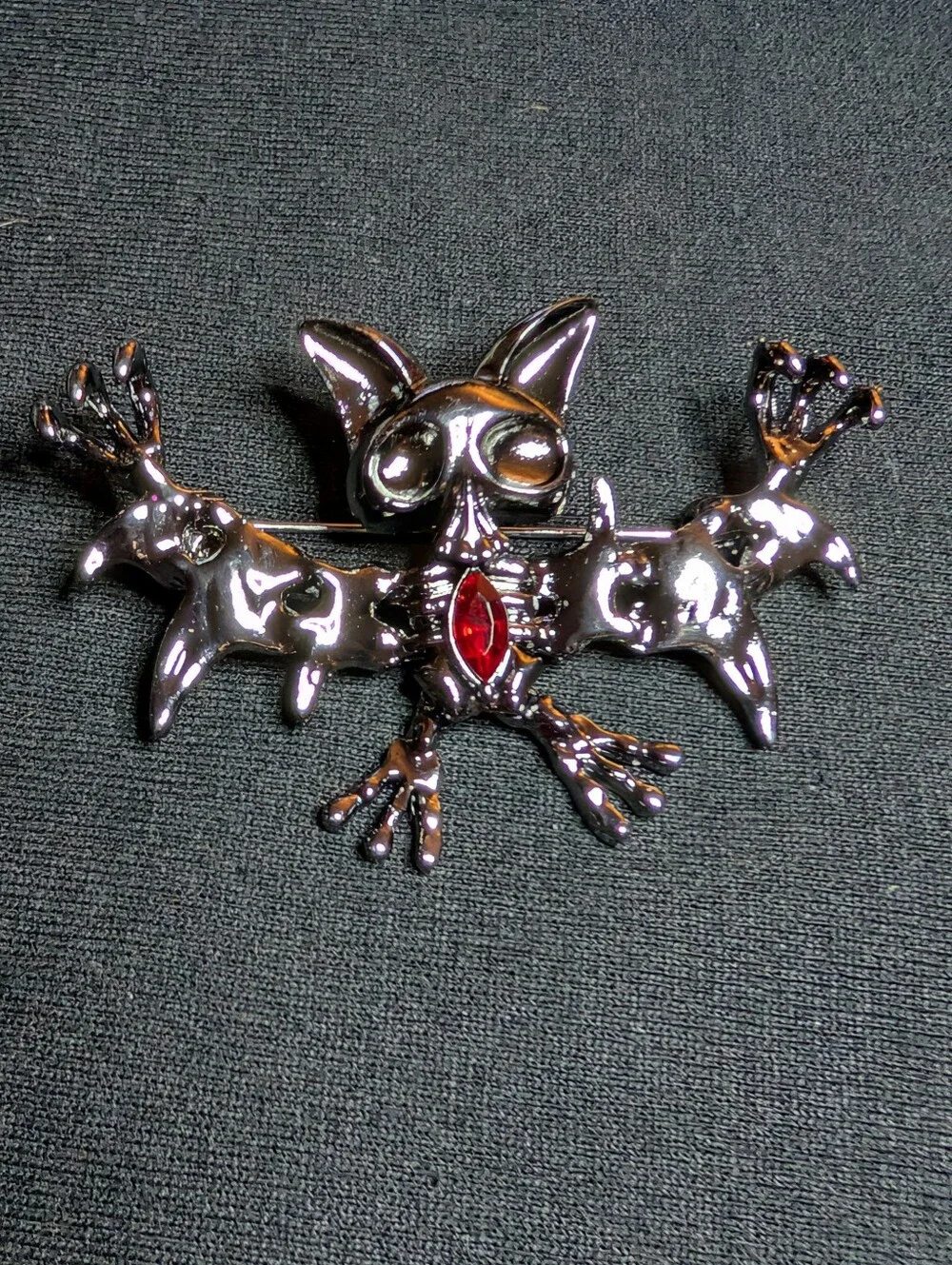 Bat Brooch Pin with Red Accent